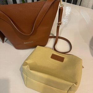 Brown Leather Handbag and Cream Pouch Set